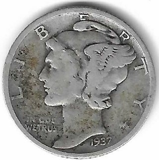 Vintage 1937-D Mercury Dime 90% Silver U.S. 10 Cent Coin