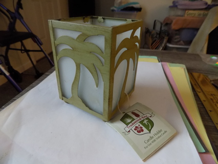 NWT Metal square Palmtree votive candle holder 4 inch Made by Tradewinds Bay