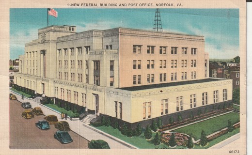 Vintage Used Postcard: 1951 New Federal Building, Norfolk, VA