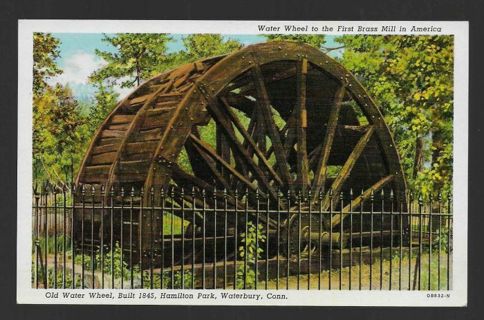 Vintage Linen Postcard Old Water Wheel Hamilton Park Waterbury Connecticut CT