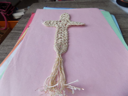 Hand crocheted cross bookmark 8 inch tall string tassel on end gold and tan thread