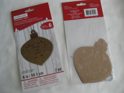 Christmas color-in paper ornaments, 6 pcs. w string to hang. NIP
