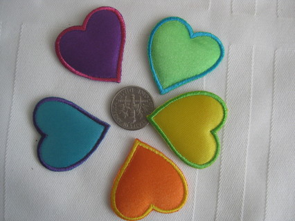 Colorful 1" heart iron on patches/appliques, 5 hearts, cloths decor. New out of package