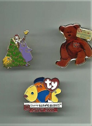 3 Pins 1982 Ronald Mc Donald Christmas Tree Employee Pin, 2000 McDonalds Coral the Fish Pin & More