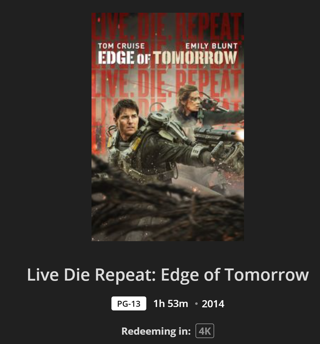 Live Die Repeat: Edge of Tomorrow MA VUDU 4K UHD Digital Movie Code