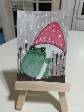 ACEO Original, Watercolor Painting 2-1/2"X 3/1/2" Whimsical Frog Rainy Day by Artist Marykay Bond