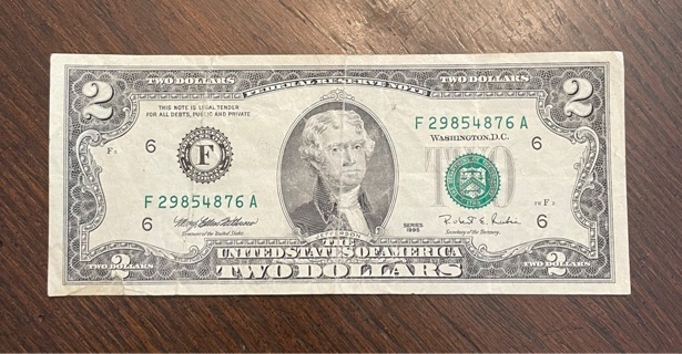 1995 F Series Green Seal $2 Dollar Bill Circulated 