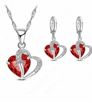 Double heart crystal jewelry necklace earrings set New