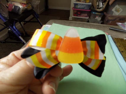 Halloween black satin hair bow with acrylic candy corn ctr, orange, yellow, white ribbon # 3