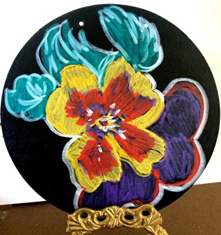 Hand painted Flower on Black Round Paper Canvas "Glory" 6 inches