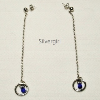 Long Silverplate Chain Blue Bead Dangle Earrings