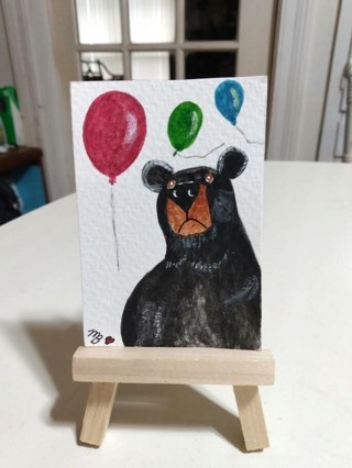 ACEO Original, Watercolor Painting 2-1/2"X 3/1/2" by Bear and Balloons Artist Marykay Bond