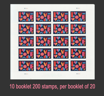 10 Booklet 200 LOVE Forever Postage Stamps, per Book of 20 Self-Stick First Class Wedding