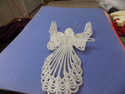 6 inch white stiff plastic angel  filigree gown ornament small harp in hand