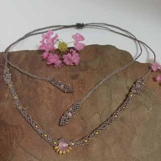 New Macrame Choker with pink quartz stone. Adjustable sizing. Free shipping.