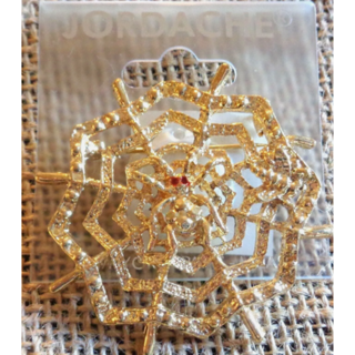 Jordache Gold Tone Metal Cobweb Spider With Red Eyes Pin Brooch Costume Jewelry