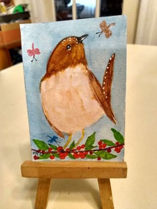 Original, Watercolor Painting " 2-1/2 X 3-1/2" ACEO Bewick's Wren by Artist Marykay Bond