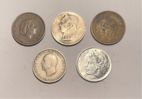 5 Different Vintage Nickel Sized Foreign Coins 