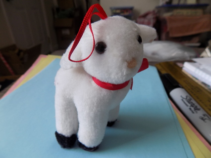 4 inch small lamb plush ornament red ribbon on neck