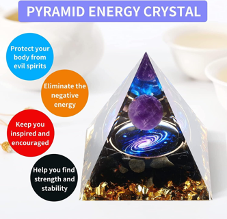Orgone Galaxy Healing Pyramid - Positive Energy, Amethyst & Obsidian - Attract Wealth & Luck