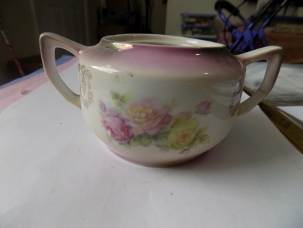 Vintage GERMANY fine porcelain double handled sugar bow. trim in pearlescent purple & gold,