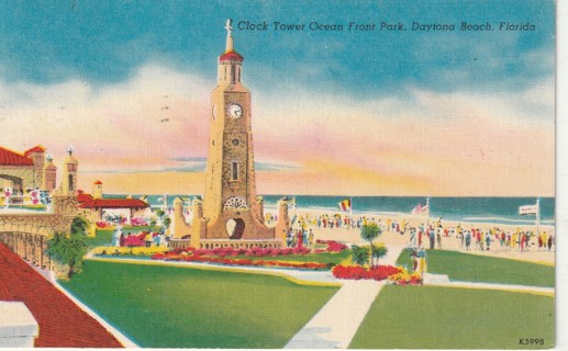 Vintage Used Postcard: 1955 Clock Tower Ocean Front Park, Daytona Beach, FL