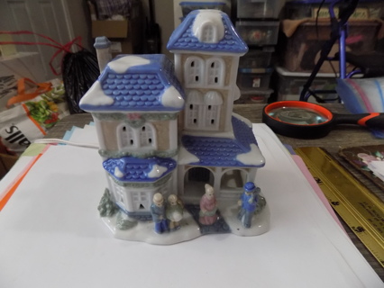 5 inch blue and white fine porcelain 2 story Victorian village house  bay window, 4 people front