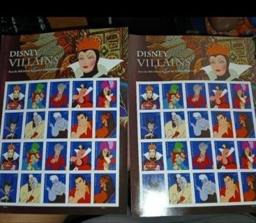 2 Sheets of 20 Forever stamps USPS Disney Villians (40 Stamps total)