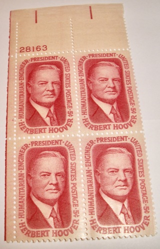 Scott #1269, Herbert Hoover, Pane of 4 Useable 5¢ US Postage Stamps Has Original Gum.