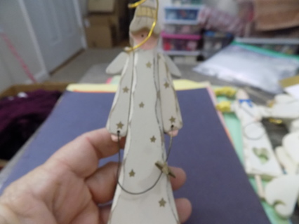 Wooden 2001 triangle shape angel wearing hat and gold stars on her gown