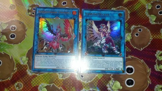 2 Ultra Rare Holo Yugioh Link Cards Vampire Sucker and Knightmare Phoenix