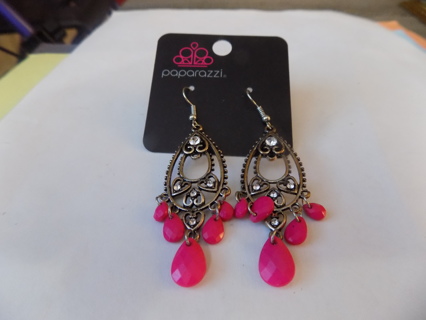 Papparazzi French Hook earrings NIP silvertone dangle elongated loops pink bead & rhinestones