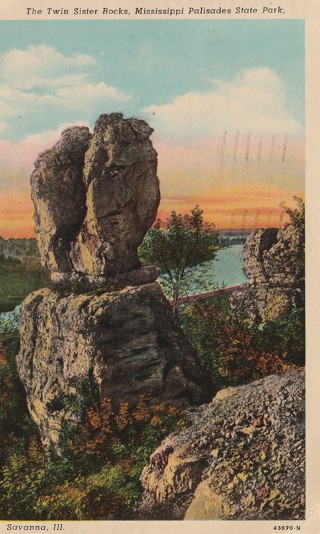 Vintage Used Postcard: gin z: 1958 Twin Sister Rocks, Mississippi Palisades Park, Savanna IL