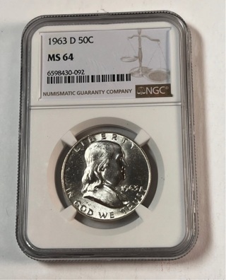  1963-D Silver Franklin Half Dollar NGC MS64.