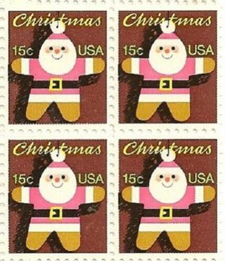 For Stamp Collector's: 1979 Santa Claus Christmas Tree Ornament 15 Cent Stamp 4 Block