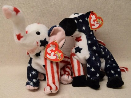 2 TY Beanie Babies Lefty & Righty Red, White, Blue, Stars