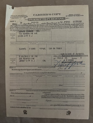  Liquor Permit for 2 Cans of Alcohol during Prohibition 1931 issued to New Jersey Dentist