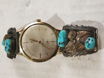 Hamilton thinline vintage watch, silver and turquoise bracelet