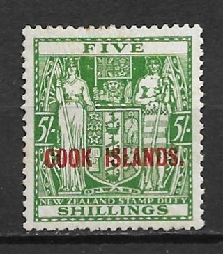 1943 Cook Islands Sc125 5sh New Zealand fiscal overprinted "Cook Islands" in red MH