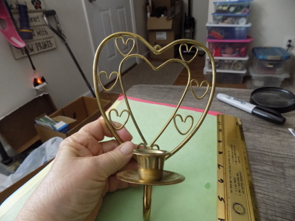 9 inch tall goldtone metal wire heart shape candle holder with hollow heart accents