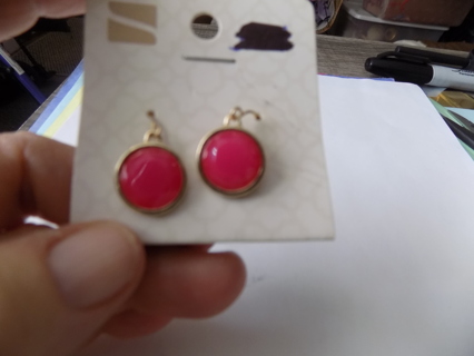 Pink faceted dome in gold circle mounti9ng French Hook earrings
