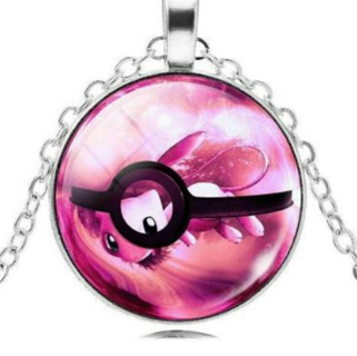  NEW Pokemon Silver Plated Pokeball Jewelry MEW Crystal Cabochon Necklace Pendant Long Necklace
