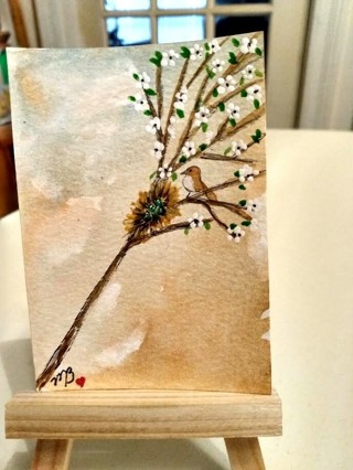 Original, Watercolor ACEO Painting 2-1/2"X 3/1/2" Momma Bird in waiting by Artist Marykay Bond