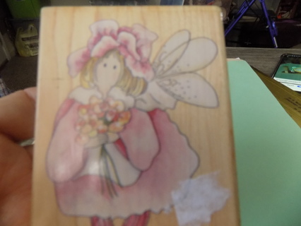 Wood Mount Rubber Stamp Fairy with flowr as hat holds flowers 3 1/2 x 3