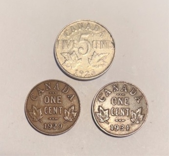 Set of 3 Vintage King George V Era Canadian Coins