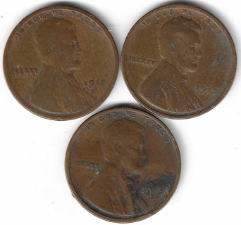 1917 P-D & S Lincoln Wheat Pennies U.S. One Cent Coins Lot of 3