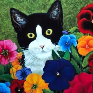 Tuxedo Cat with flowers - 3 x 3” MAGNET - GIN ONLY