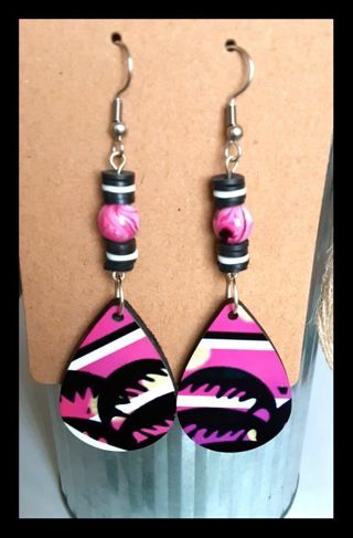 Tropical Black, Purple & White Dangle Earrings With Heishi Beads