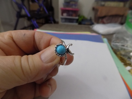 ring # 29 silvertone turquoise round stone ring with crescent moons on side Sz 4