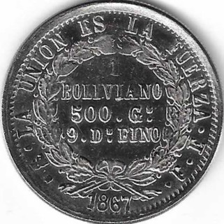 Estate Find 1867 Bolivia 1 Boliviano Silver Coin